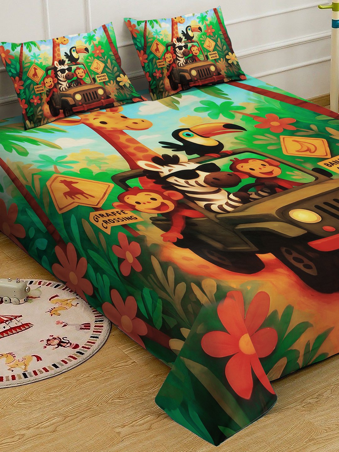 Multi Digital Animal Printed Cotton Blend Double Bedsheet with 2 Pillow Covers