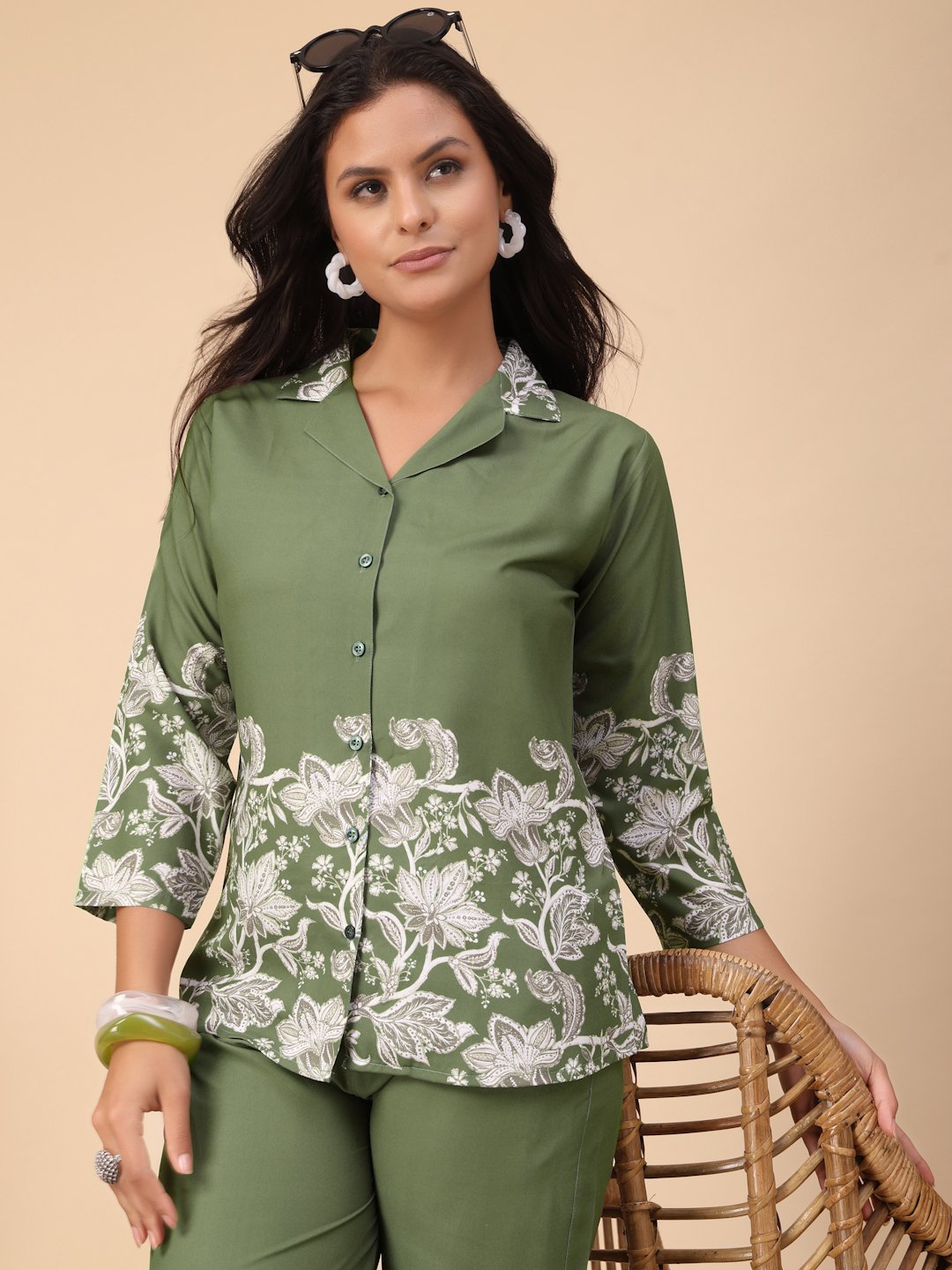 Green Cotton Printed Shirt With Trousers Co-Ords Set