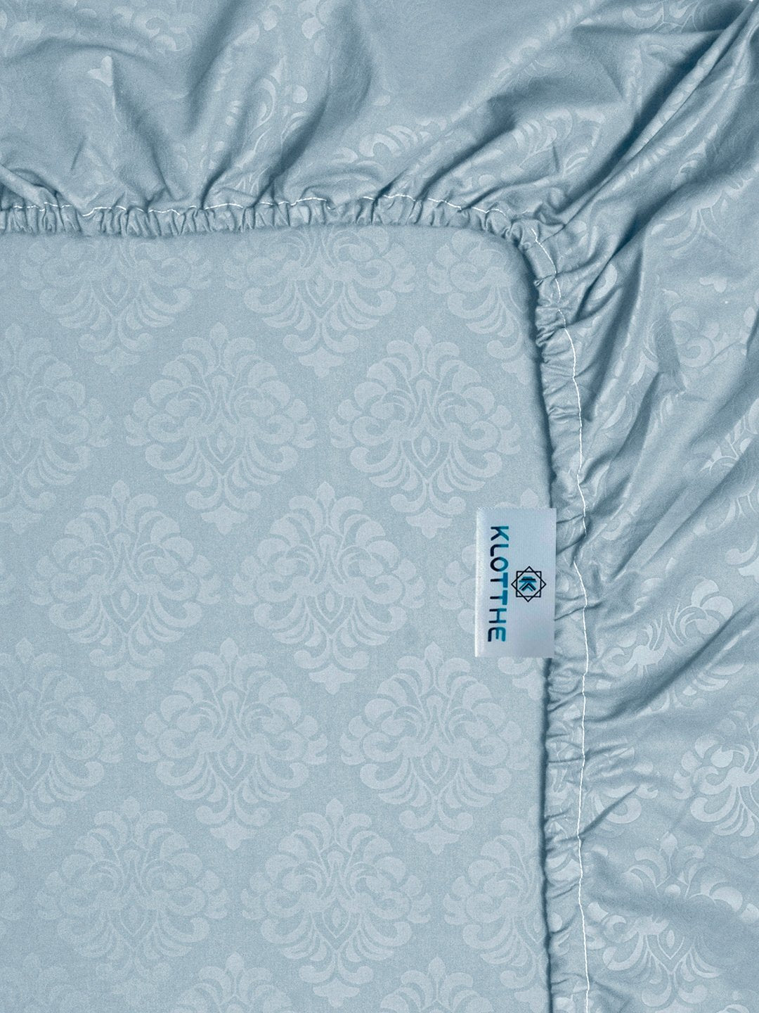 SkyBlue Floral Embossed Cotton Blend Fitted Double Bedsheet with 2 Pillow Covers