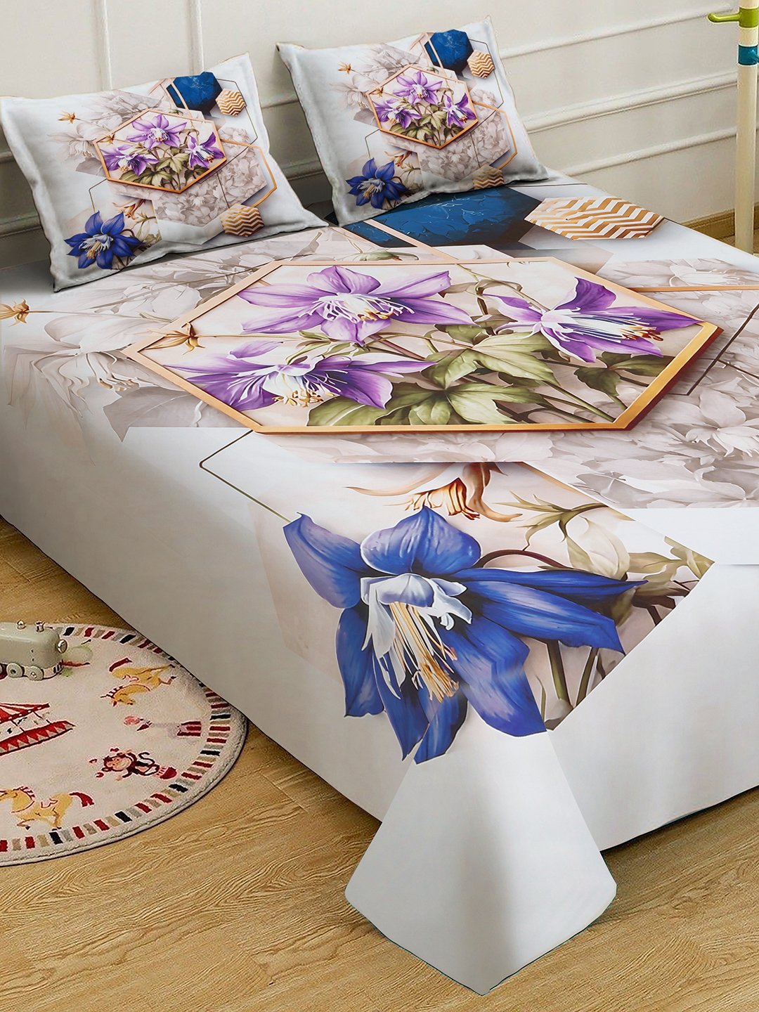 Multi Digital Floral Printed Cotton Blend Fitted Double Bedsheet with 2 Pillow Covers