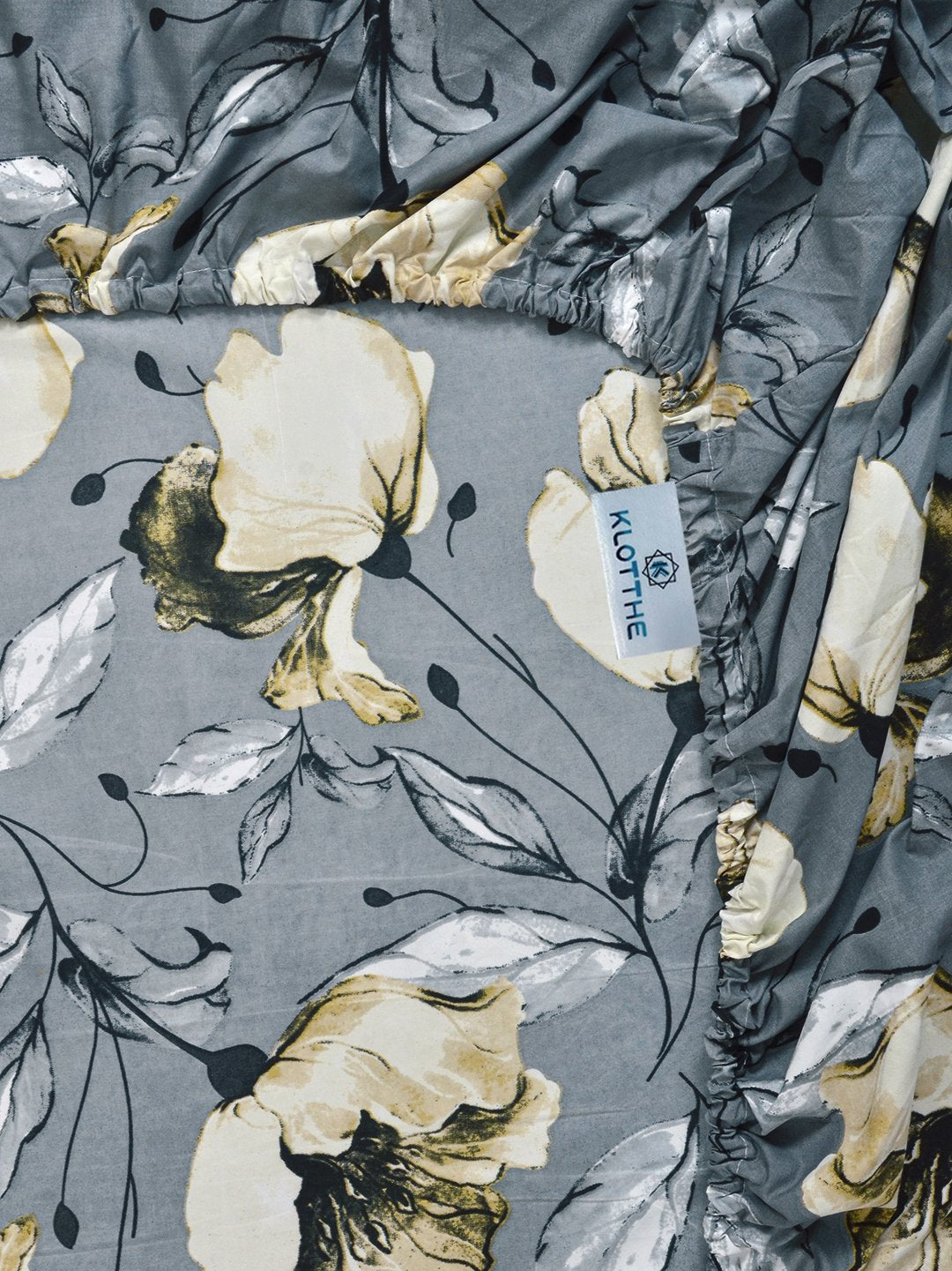 Grey Floral 300 TC Cotton Blend Fitted Single Bedsheet with Pillow Cover