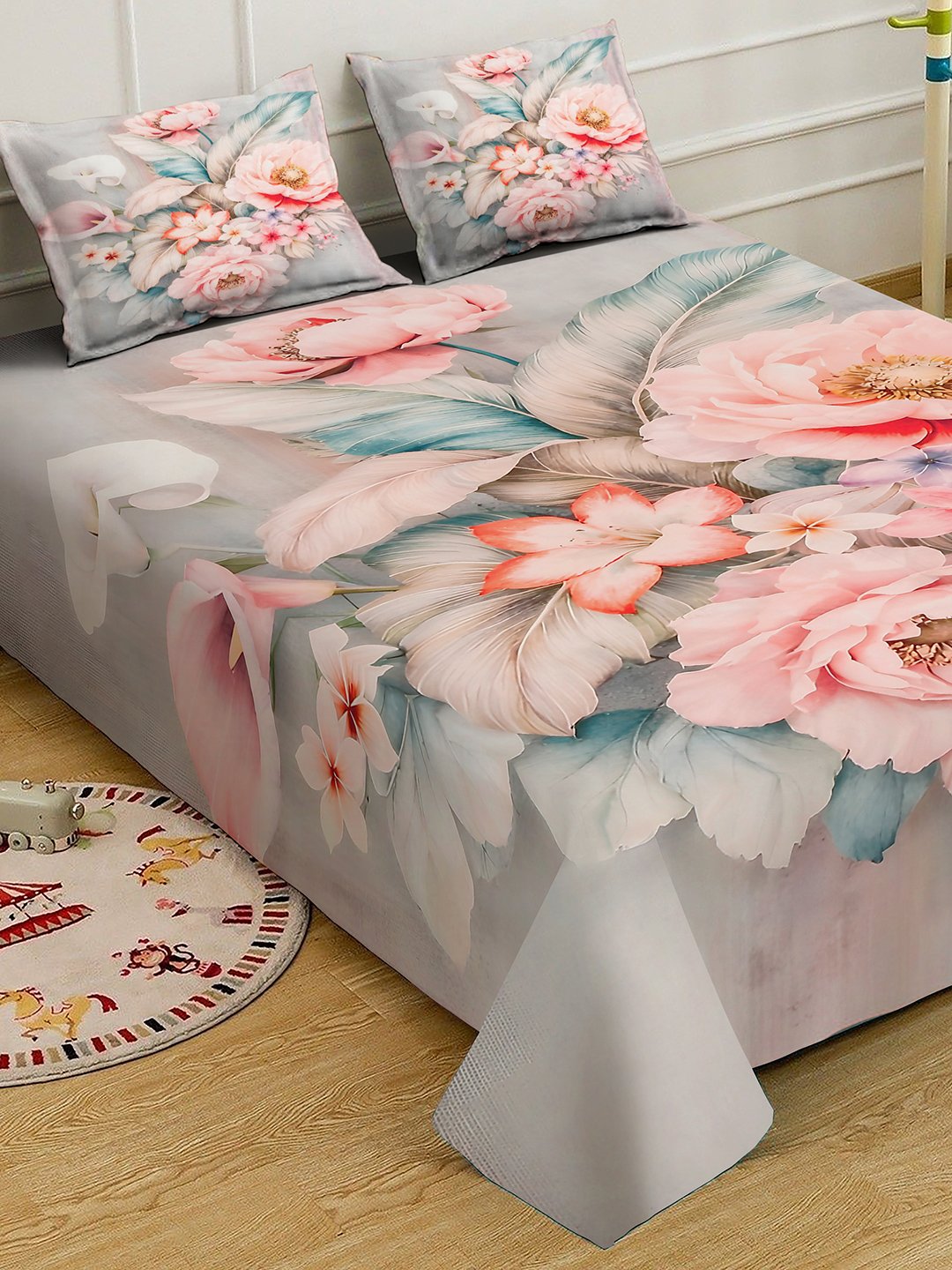 Multi Digital Floral Printed Cotton Blend Fitted Double Bedsheet with 2 Pillow Covers