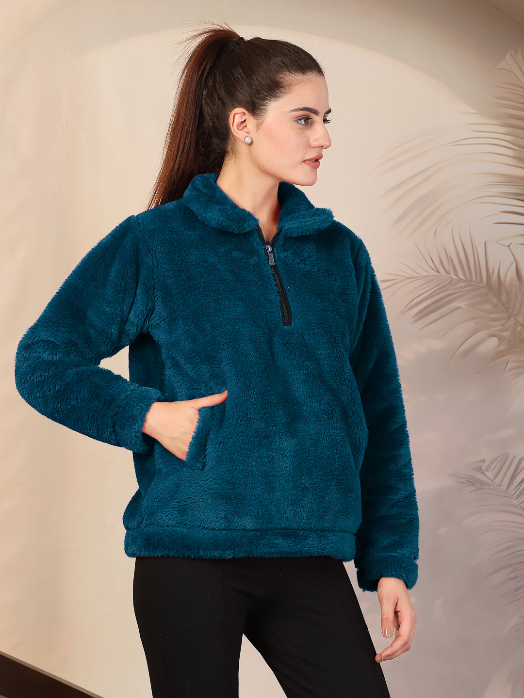 Klotthe Women Blue Solid Woolen Fur Winter Jacket
