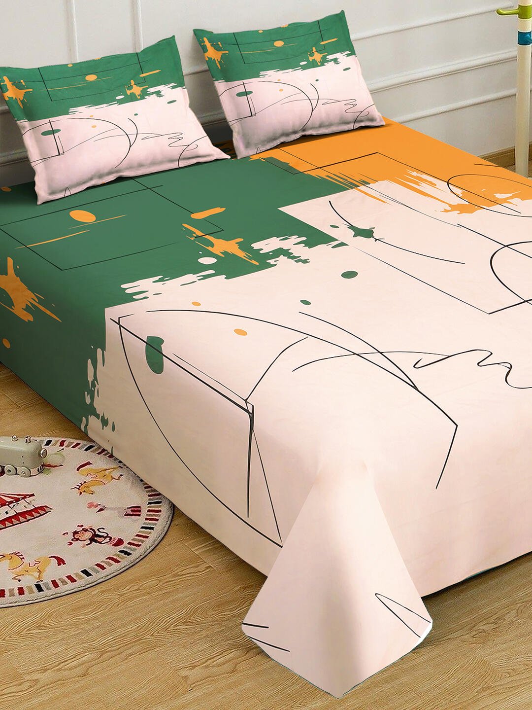 Cream Digital Geometric Printed Fitted Cotton Blend Double Bedsheet with 2 Pillow Covers