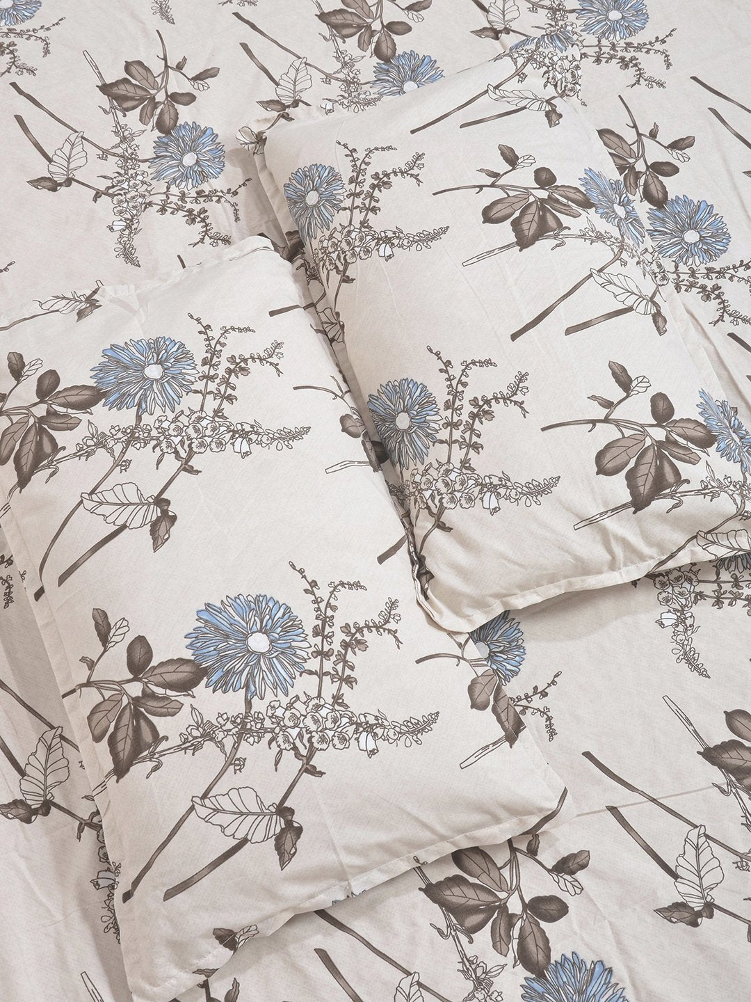 Cream Floral 300 TC Cotton Blend Fitted Double Bedsheet with 2 Pillow Covers