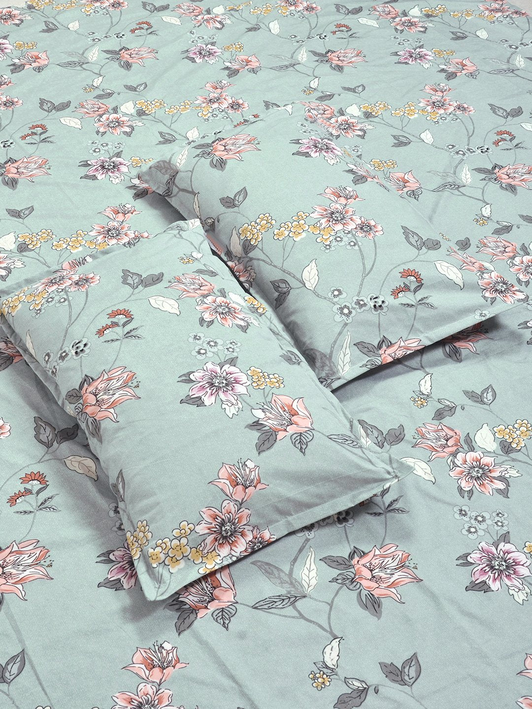 Green Floral 300 TC Cotton Blend Fitted Double Bedsheet with 2 Pillow Covers
