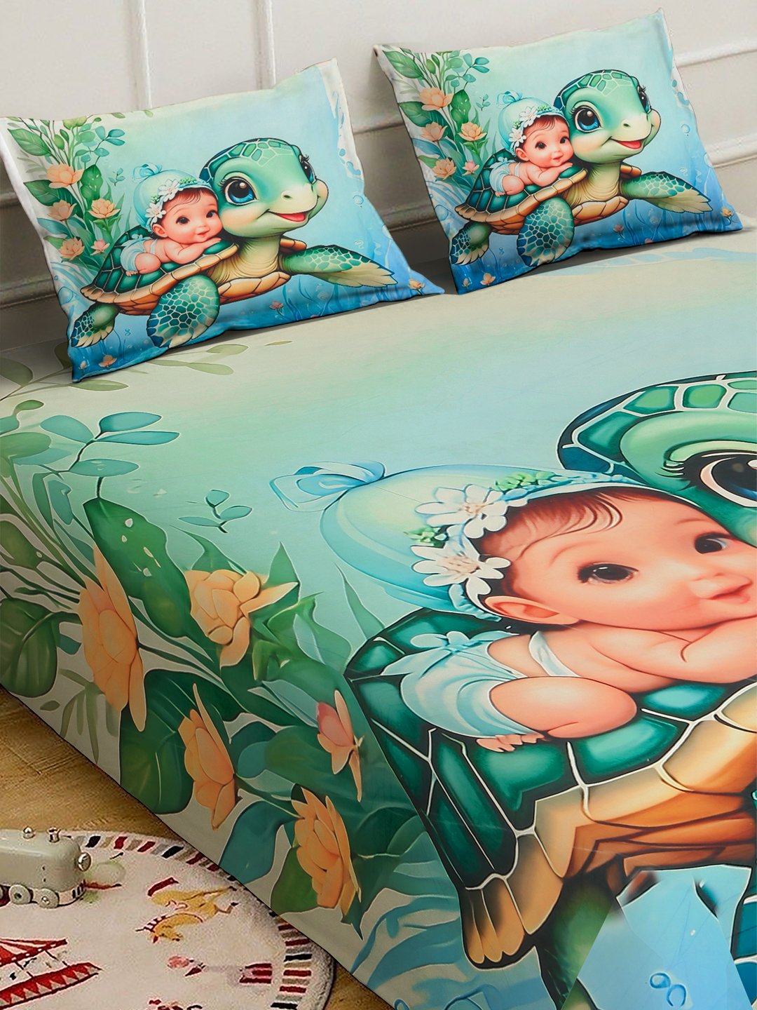 Multi Digital Cartoon Characters Printed Cotton Blend Fitted Double Bedsheet with 2 Pillow Covers