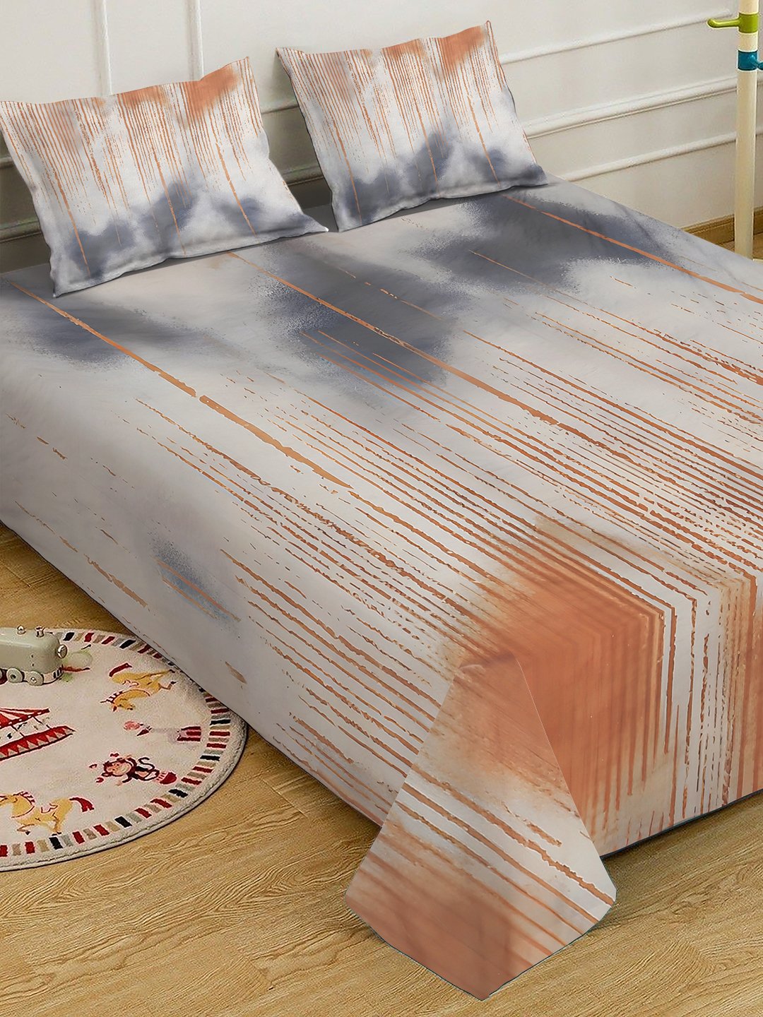 Grey Digital Abstract Printed Cotton Blend Double Bedsheet with 2 Pillow Covers