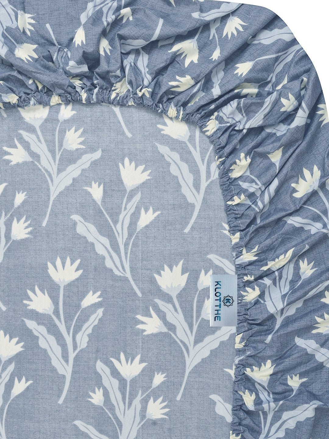 Blue Floral 300 TC Cotton Blend Fitted Single Bedsheet with Pillow Cover