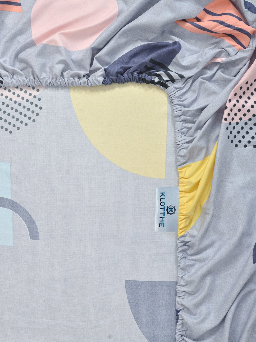 Grey Geometric 300 TC Cotton Blend Fitted Single Bedsheet with Pillow Cover
