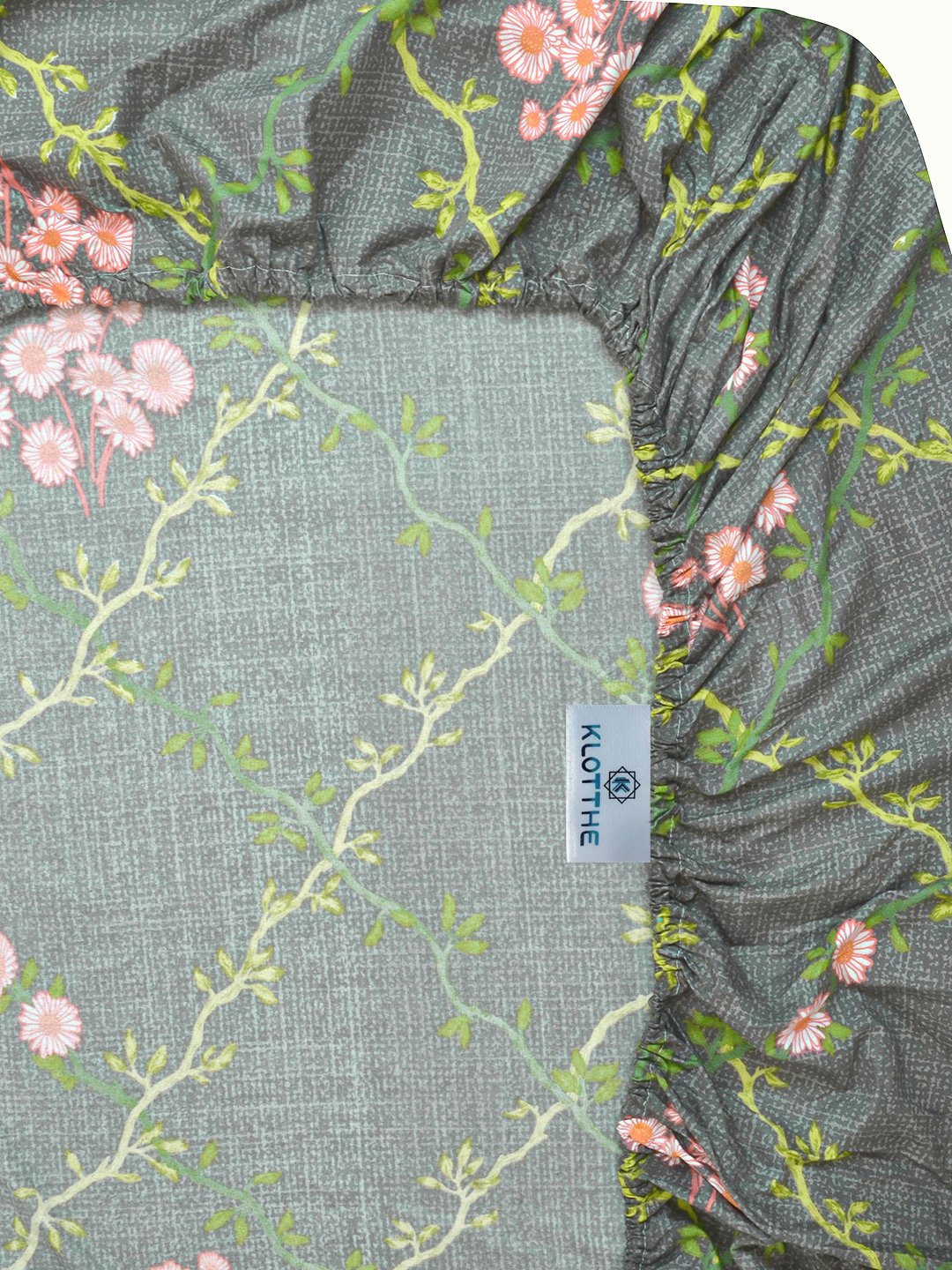 Grey Floral 300 TC Cotton Blend Fitted Single Bedsheet with Pillow Cover