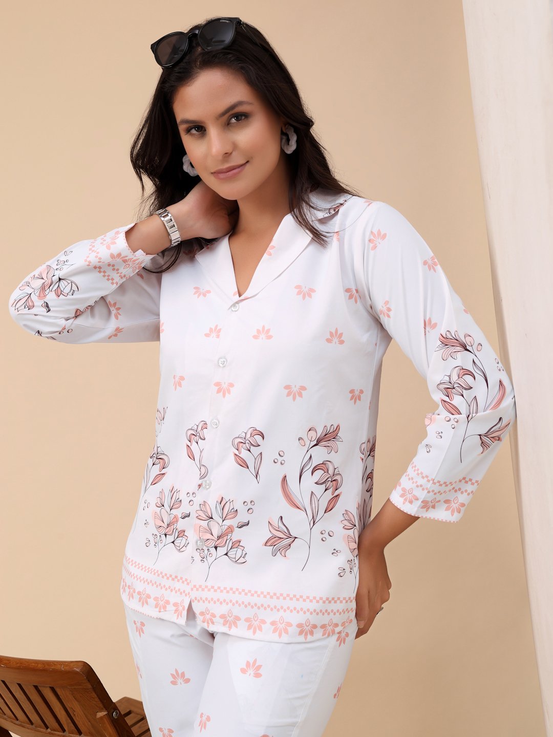 White Cotton Printed Shirt With Trousers Co-Ords Set