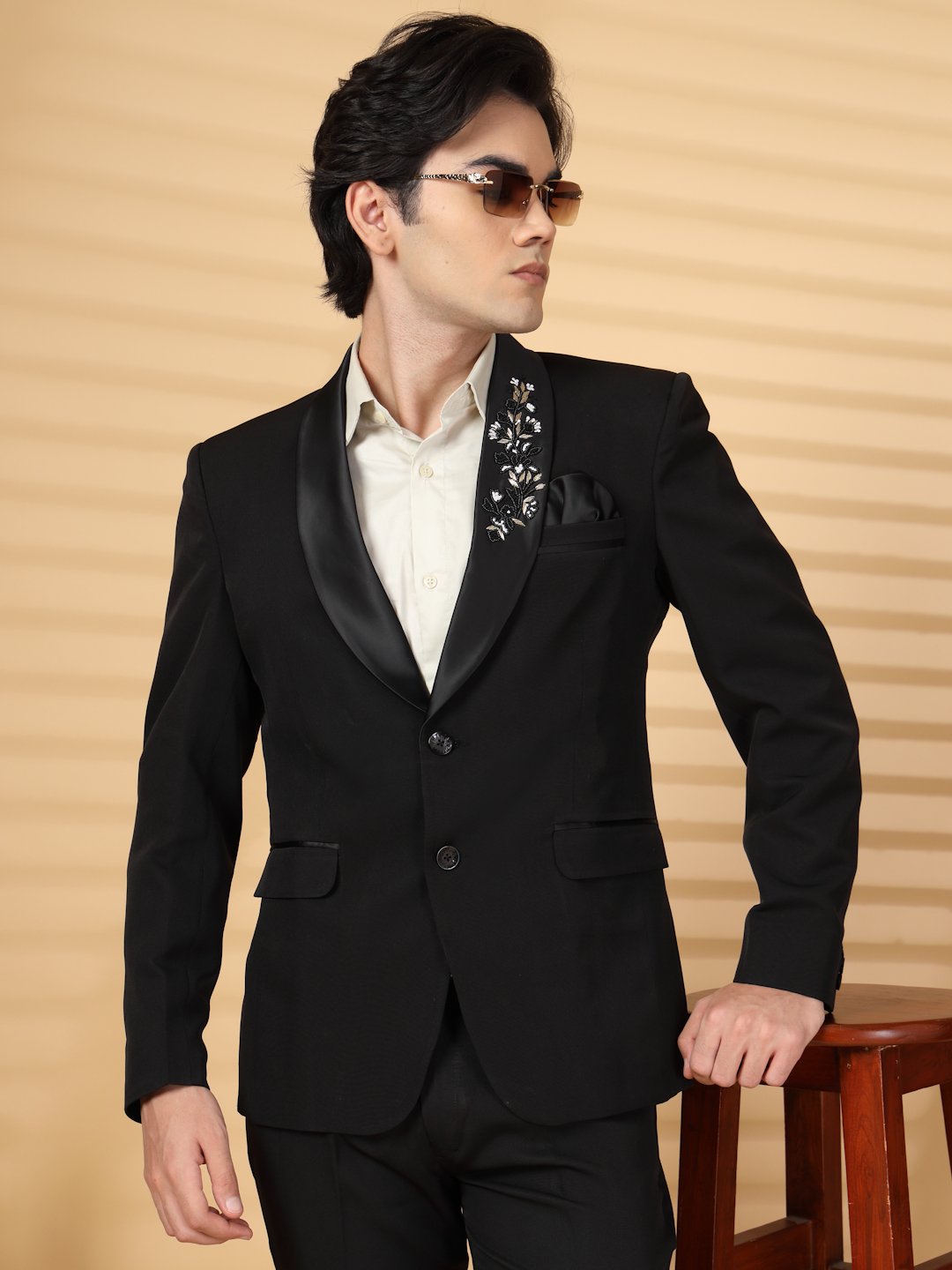Black Solid Embroidery Single-Breasted Two-Piece Party Suit