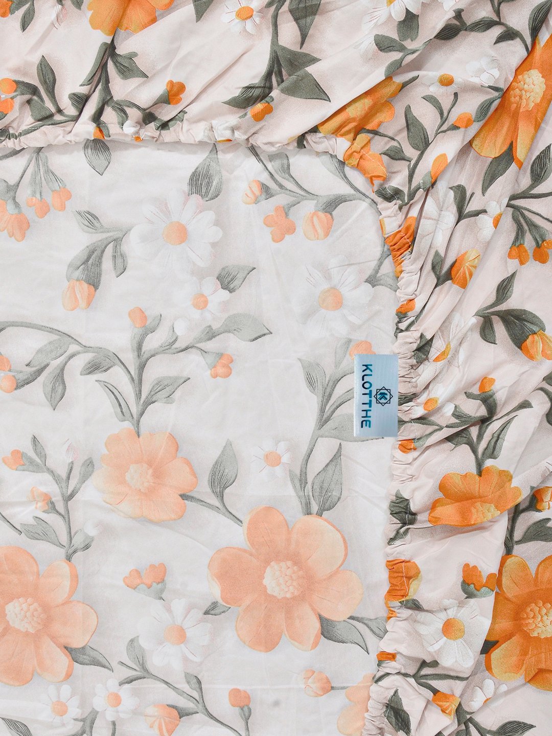 Cream Floral 7D King Size Cotton Blend Fitted Double Bedsheet with 2 Pillow Covers