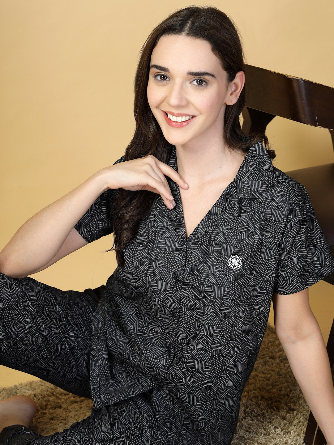 Women Black Abstract Pure Cotton Night Suit