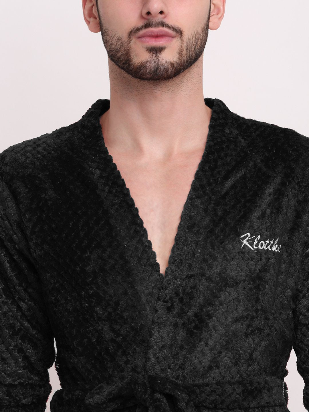 Men Black Self Design Wool Bath Robe With Belt