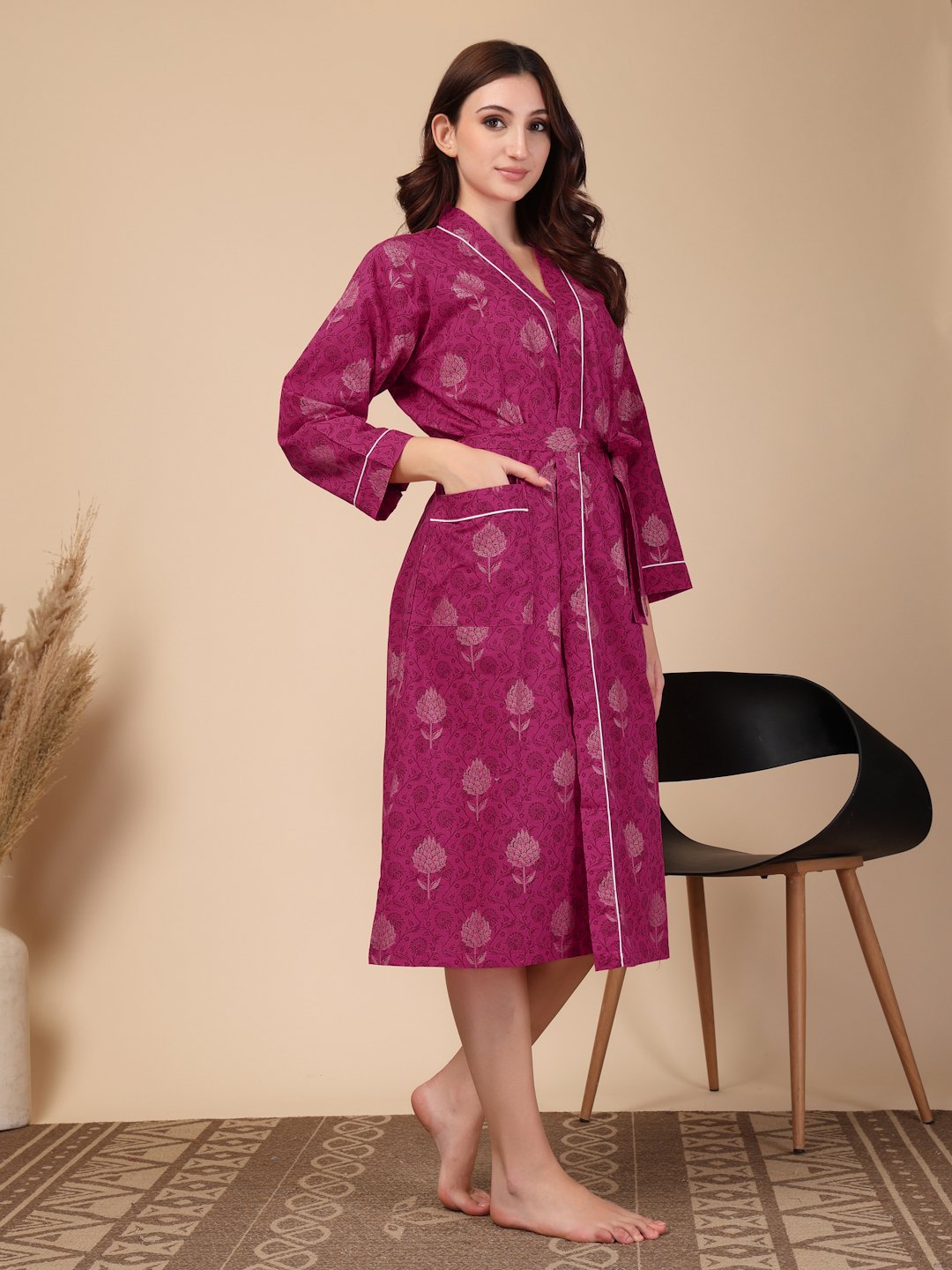 Women Printed Pink Floral Pure Cotton Bath Robe With Belt