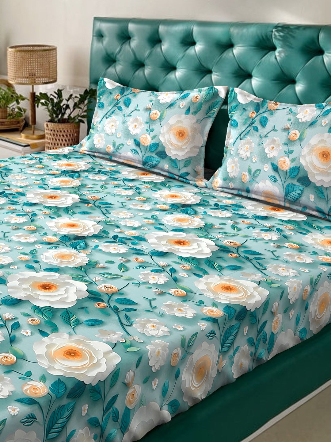 Turquoise Floral 7D King Size Cotton Blend Double Bedsheet with 2 Pillow Covers