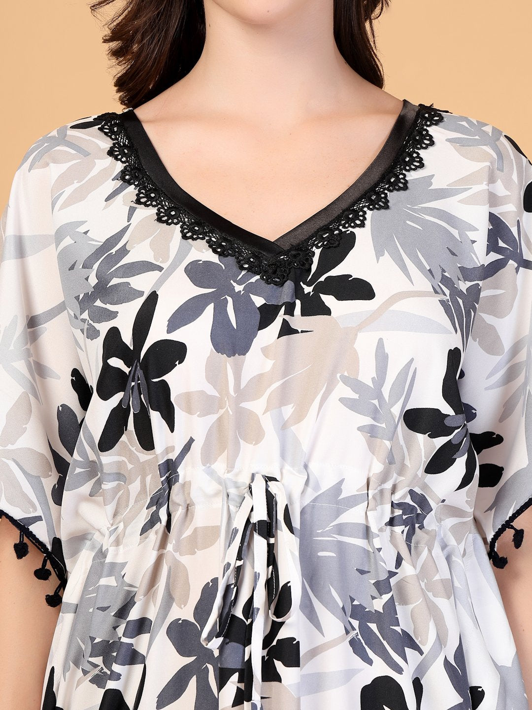 Grey Floral Cotton Blend Kaftan Maxi Nightdress