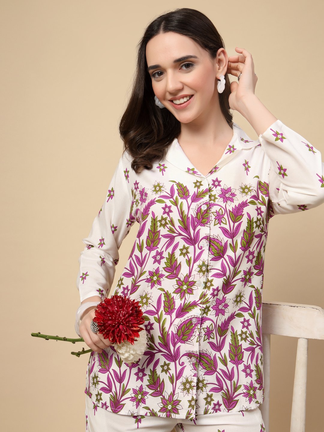 Cream Cotton Printed Shirt With Trousers Co-Ords Set