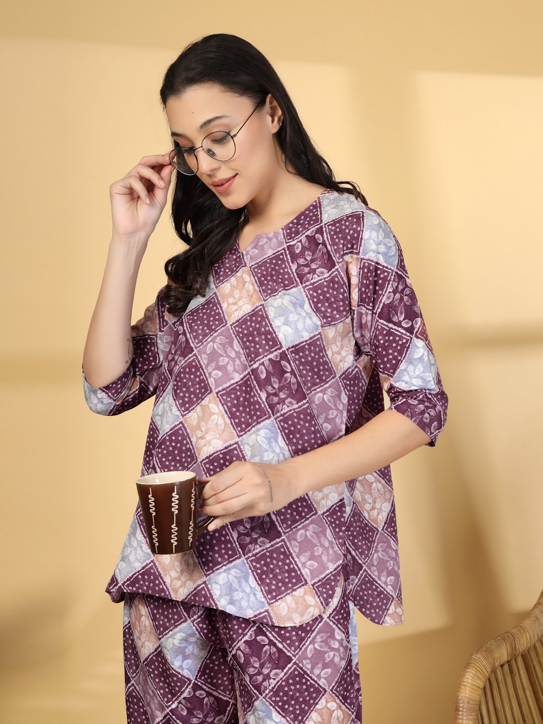 Women Purple Geometric Cotton Blend Night Suit