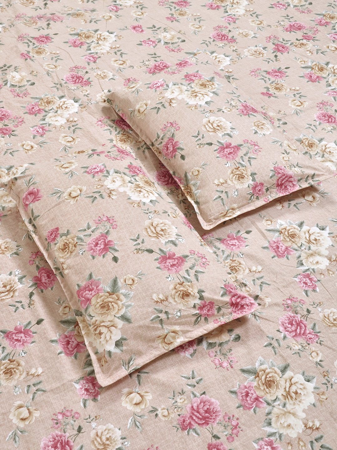 Beige Floral 300 TC Cotton Blend Fitted Double Bedsheet with 2 Pillow Covers