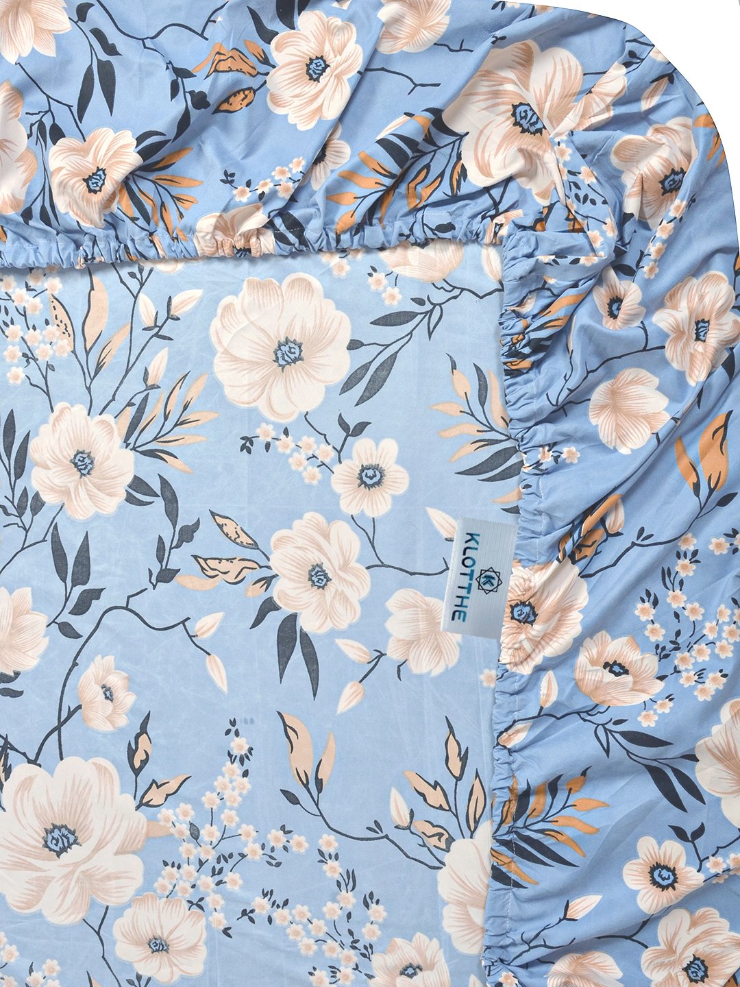 Blue Floral 300 TC Cotton Blend Fitted Single Bedsheet with Pillow Cover