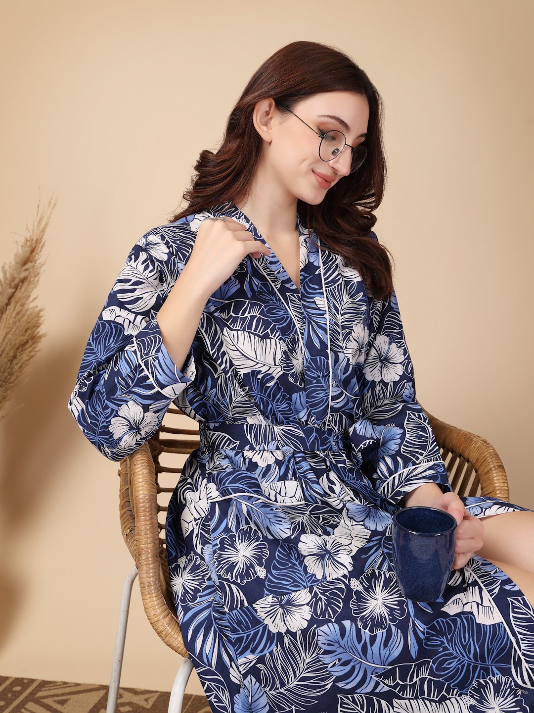 Women Printed Blue Floral Pure Cotton Bath Robe With Belt
