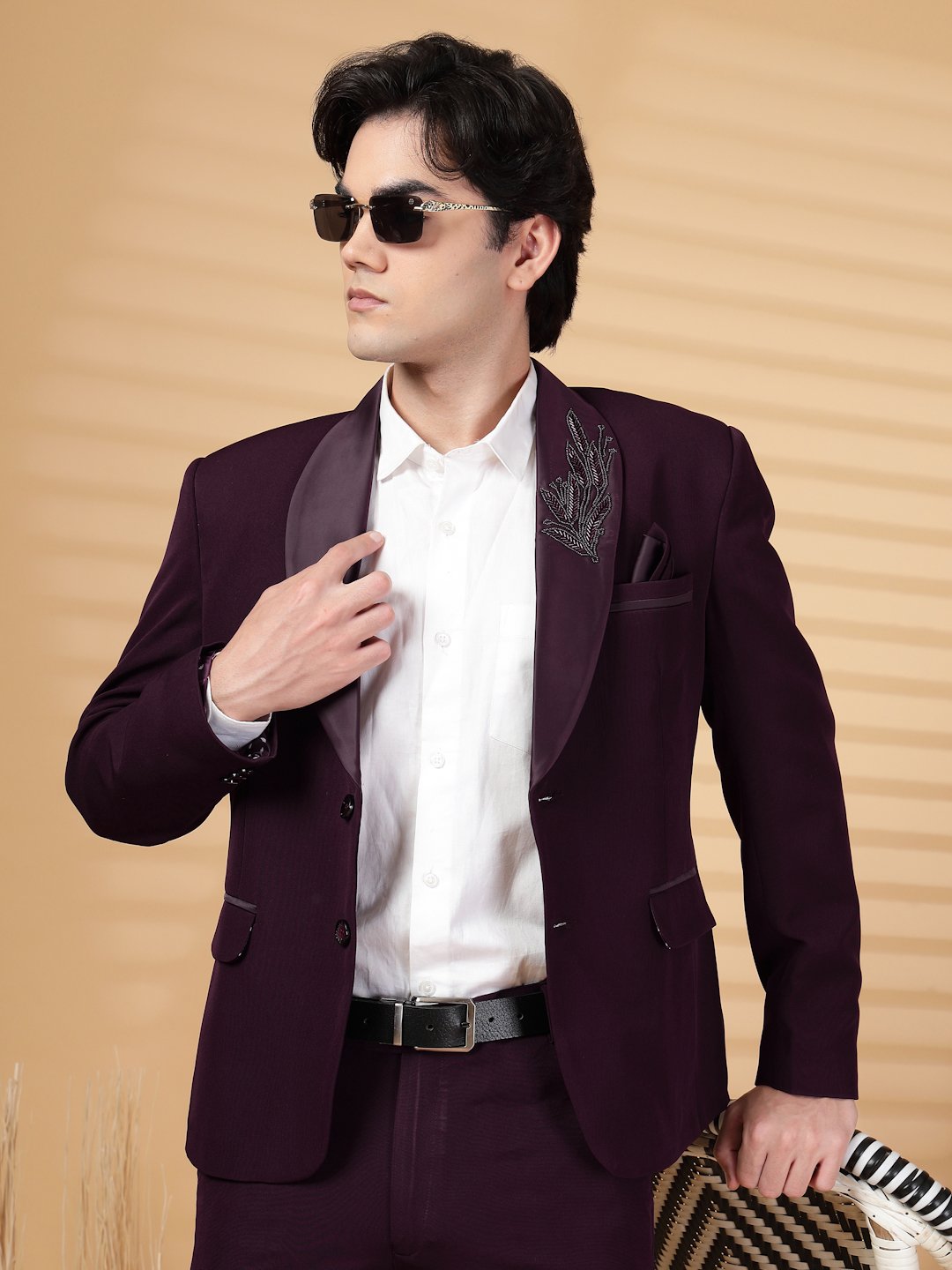 Wine Solid Embroidery Single-Breasted Two-Piece Party Suit