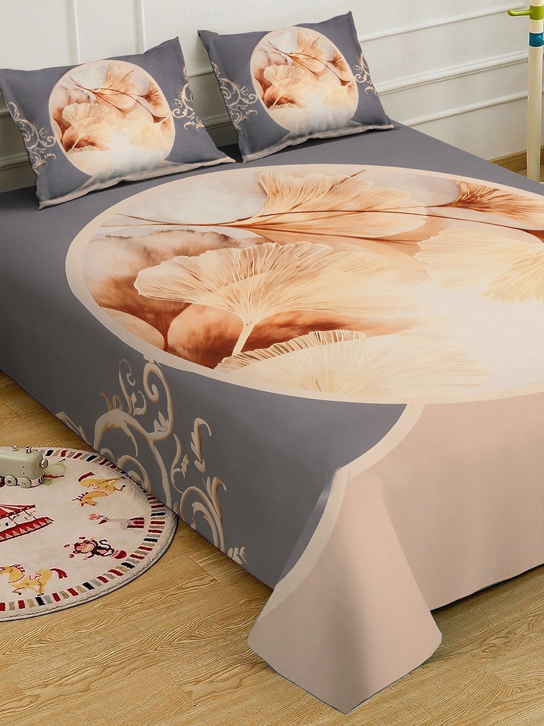 Grey Digital Floral Printed Cotton Blend Double Bedsheet with 2 Pillow Covers