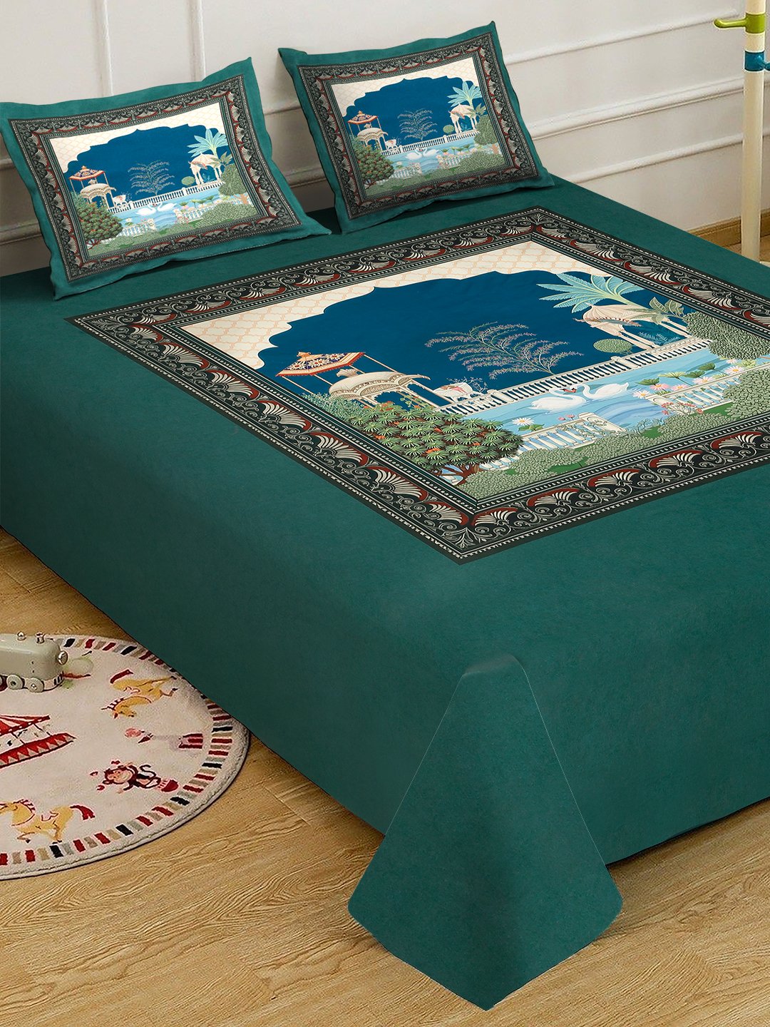 Green Digital Ethnic Motifs Printed Cotton Blend Fitted Double Bedsheet with 2 Pillow Covers