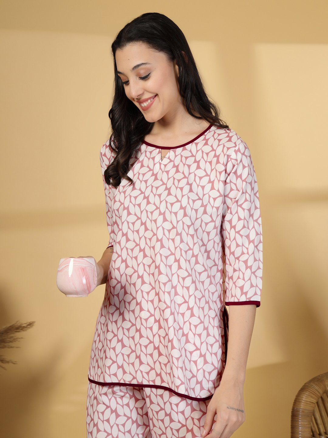 Women Peach Floral Cotton Blend Night Suit