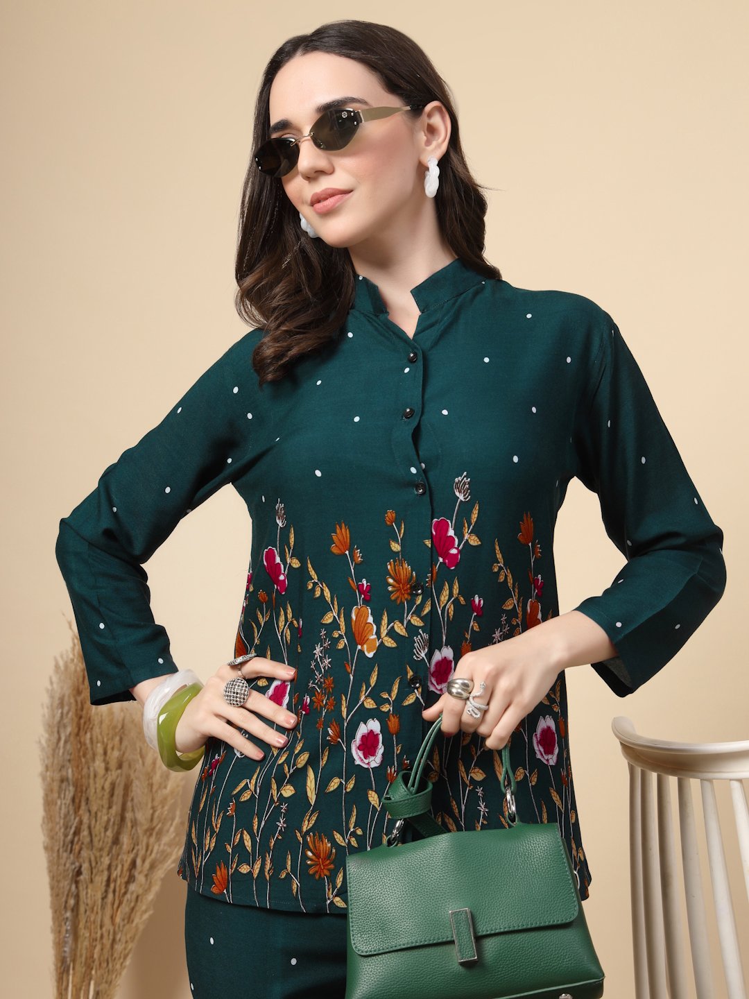 Green Cotton Printed Shirt With Trousers Co-Ords Set