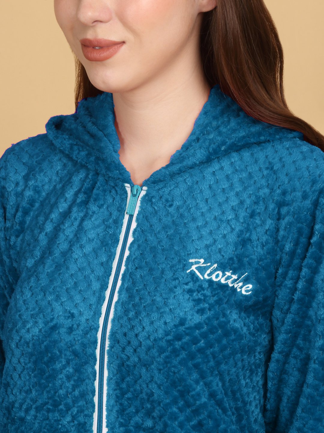 Women Blue Solid Hooded Woolen Night Suit