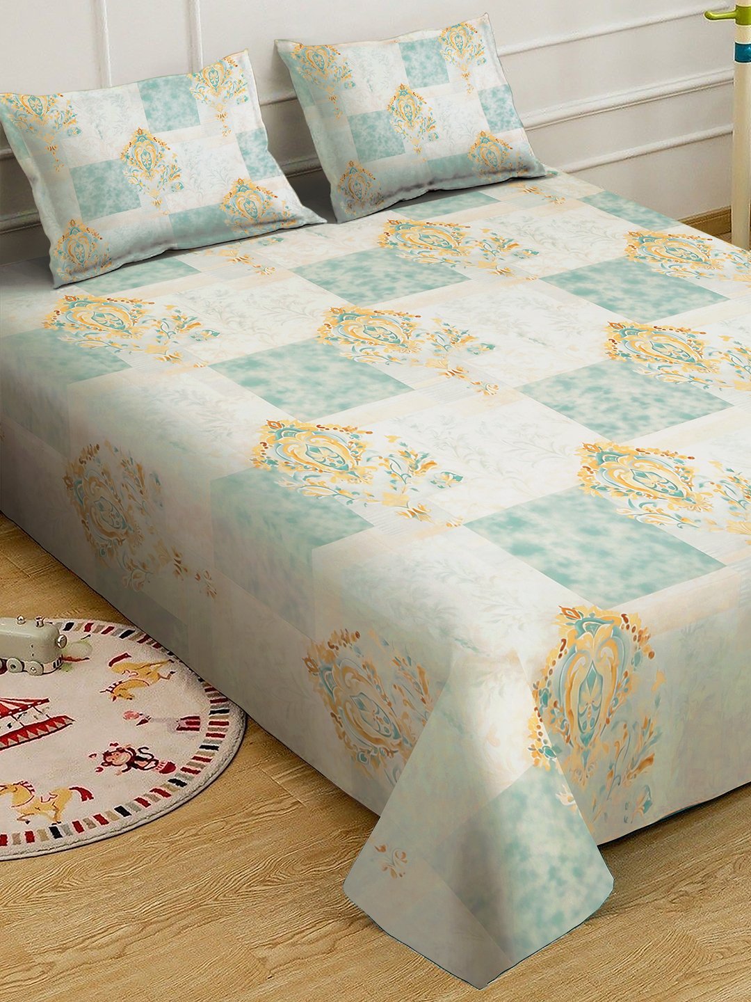 Green Digital Geometric Printed Cotton Blend Double Bedsheet with 2 Pillow Covers