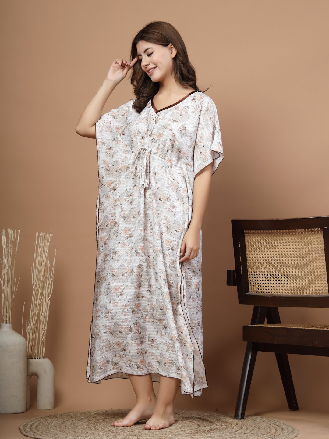 White Floral Cotton Blend Kaftan Maxi Nightdress