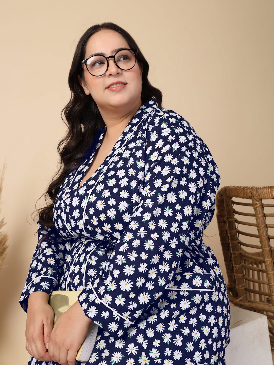 Women Printed Blue Floral Plus Size Pure Cotton Bath Robe With Belt