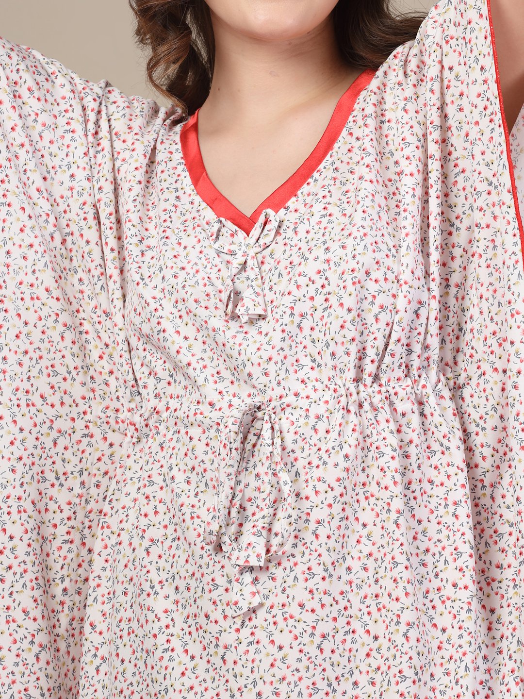 White Floral Cotton Blend Kaftan Maxi Nightdress