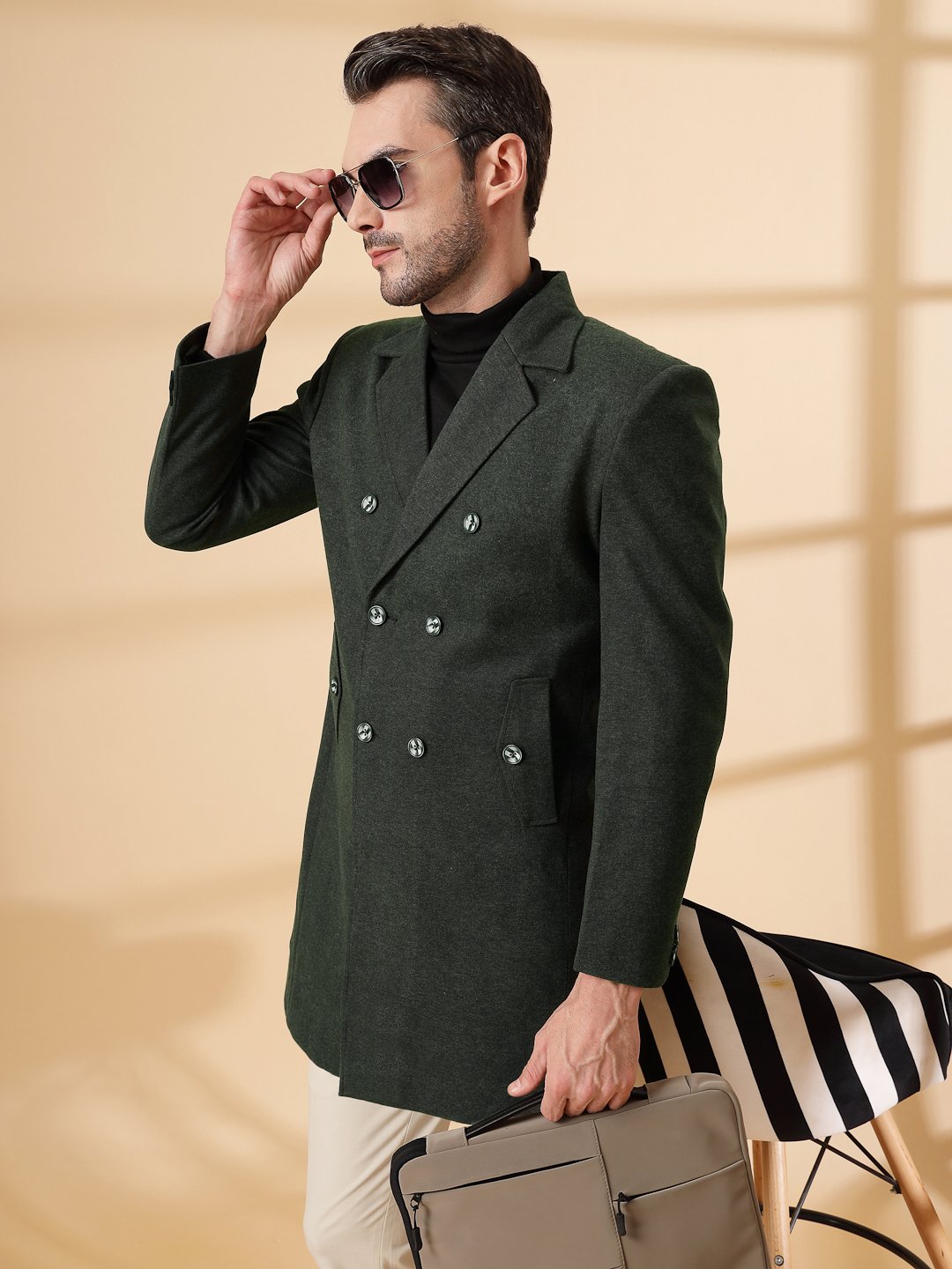 Olive Long Sleeve Double-Breasted Woolen Coat