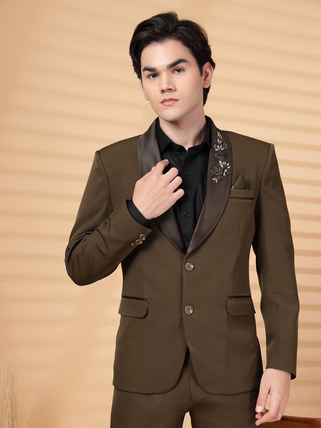 Brown Solid Embroidery Single-Breasted Two-Piece Party Suit
