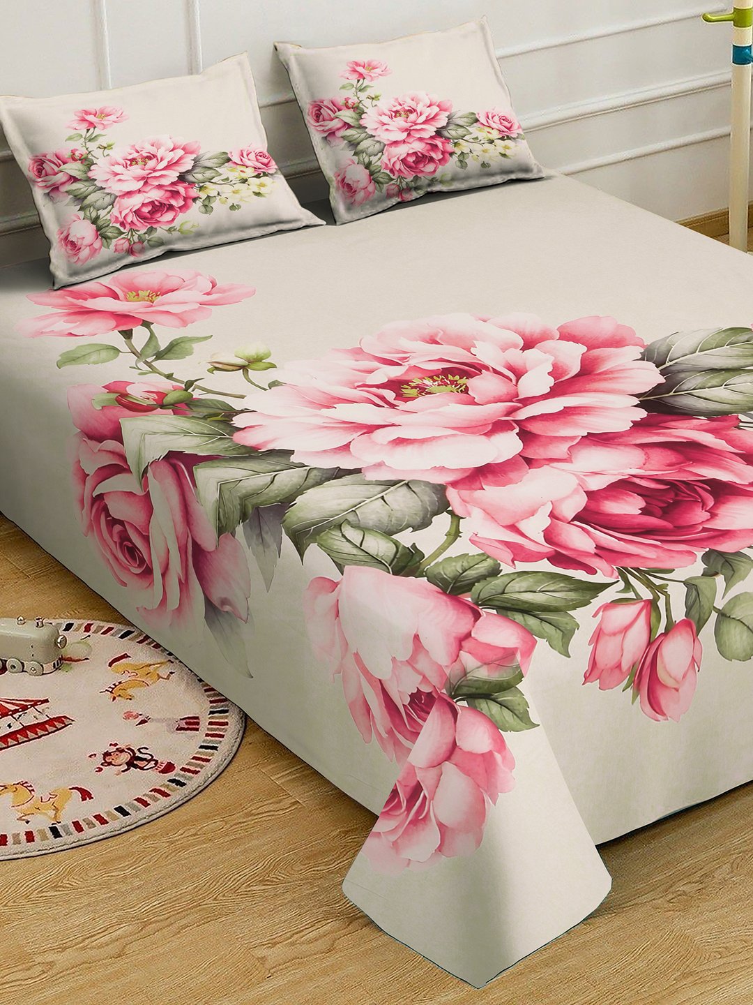 Beige Digital Floral Printed Cotton Blend Fitted Double Bedsheet with 2 Pillow Covers