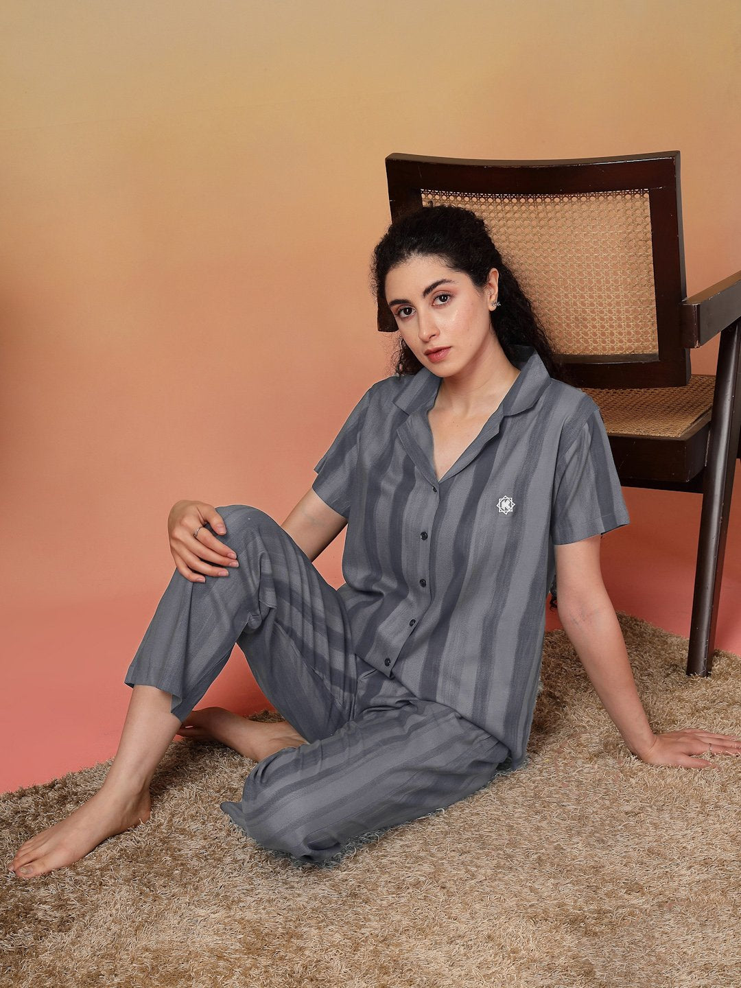 Women Grey Striped Pure Cotton Night Suit