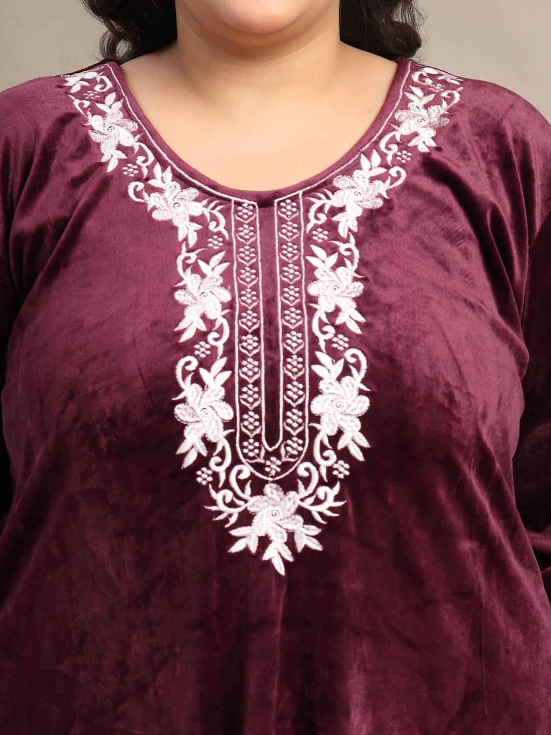 Klotthe Wine Solid Soft touch Velvet Maxi Nightdress