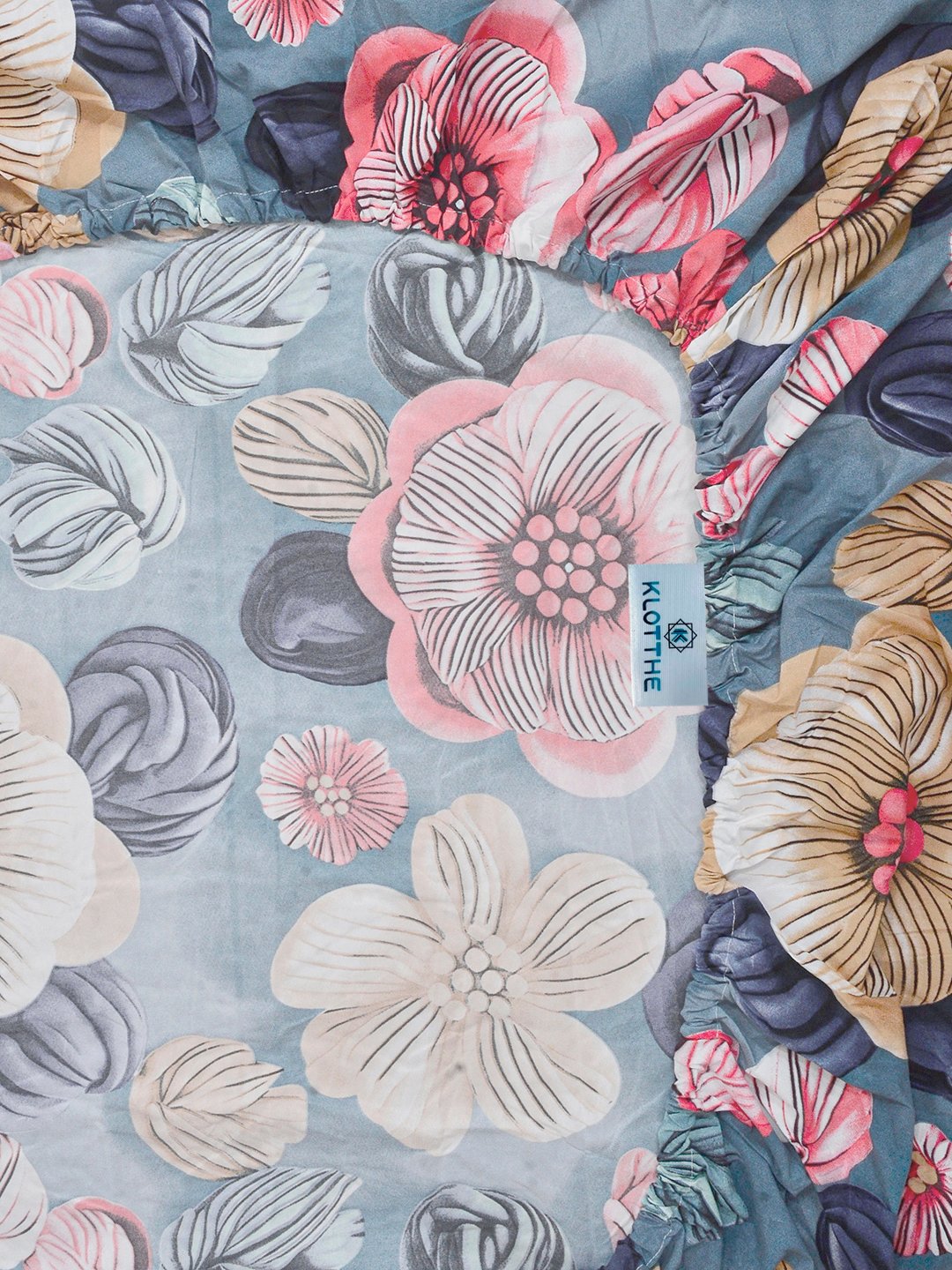 Blue Floral 7D King Size Cotton Blend Fitted Double Bedsheet with 2 Pillow Covers