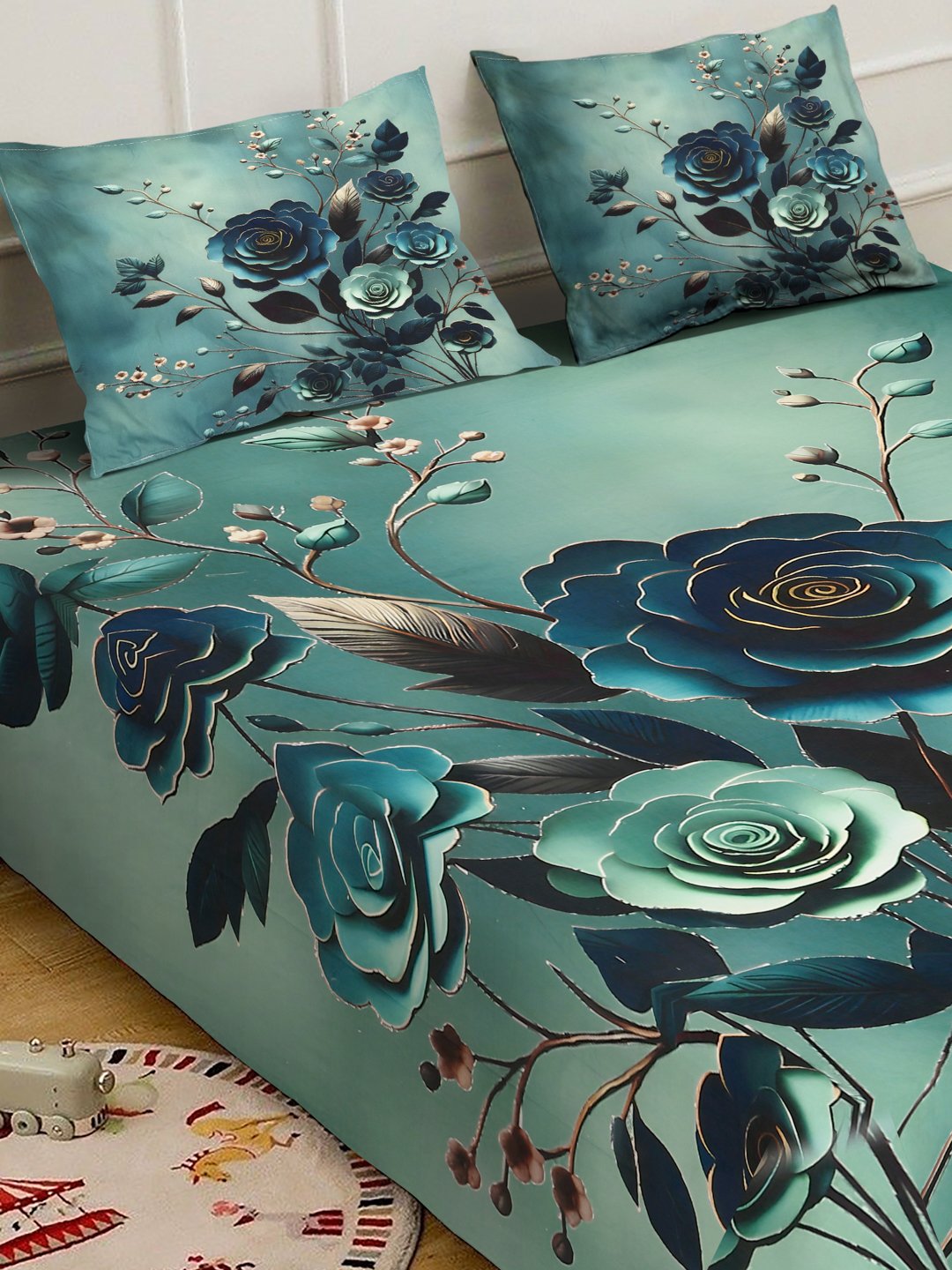 Green Digital Floral Printed Cotton Blend Double Bedsheet with 2 Pillow Covers