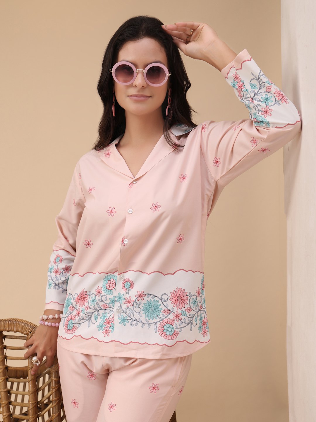 Pink Cotton Printed Shirt With Trousers Co-Ords Set