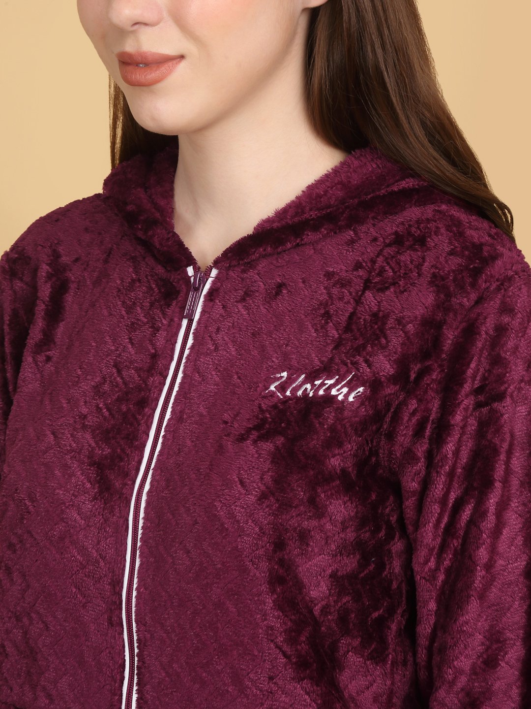 Women Maroon Solid Hooded Woolen Night Suit