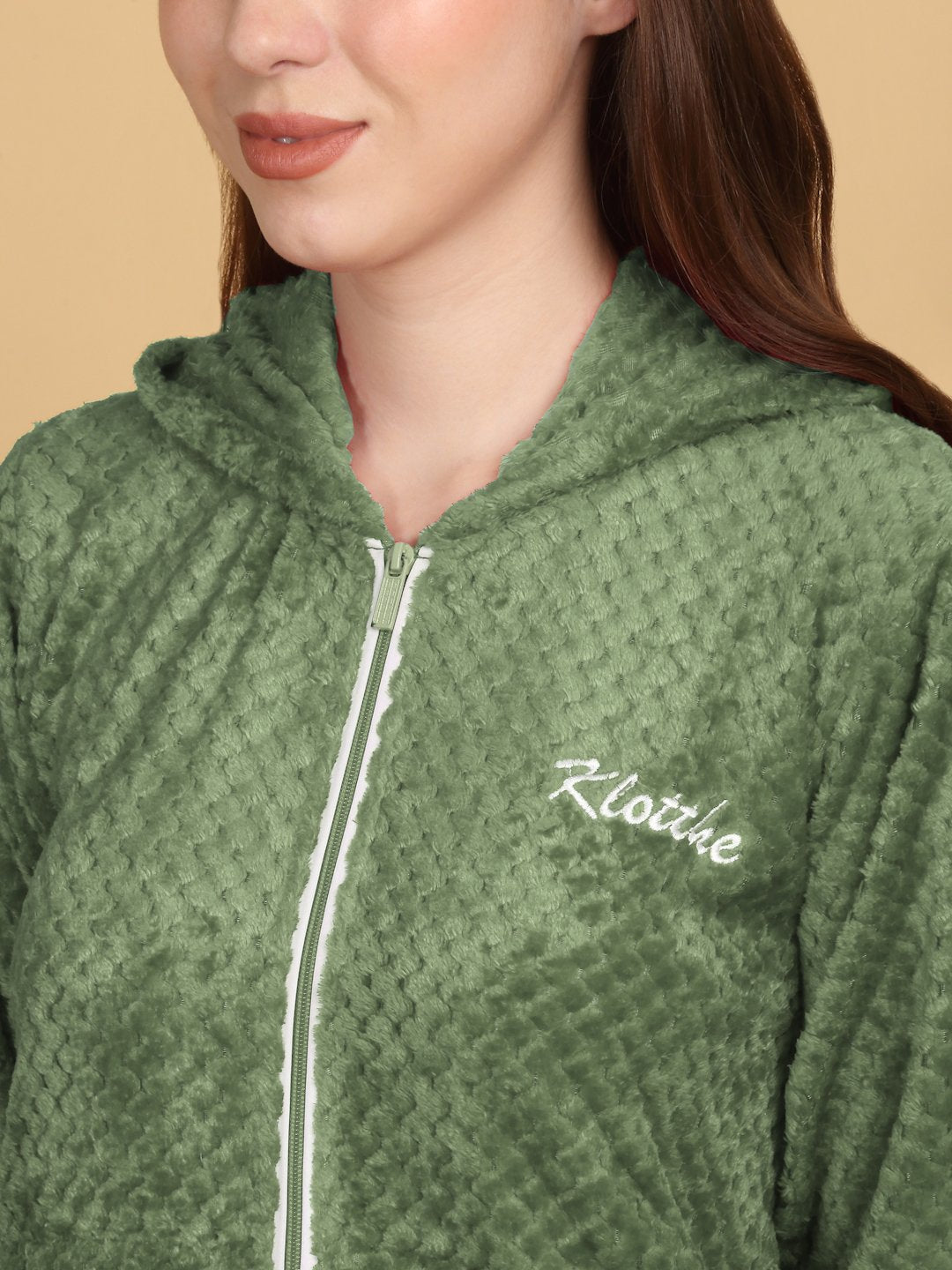 Women Green Solid Hooded Woolen Night Suit