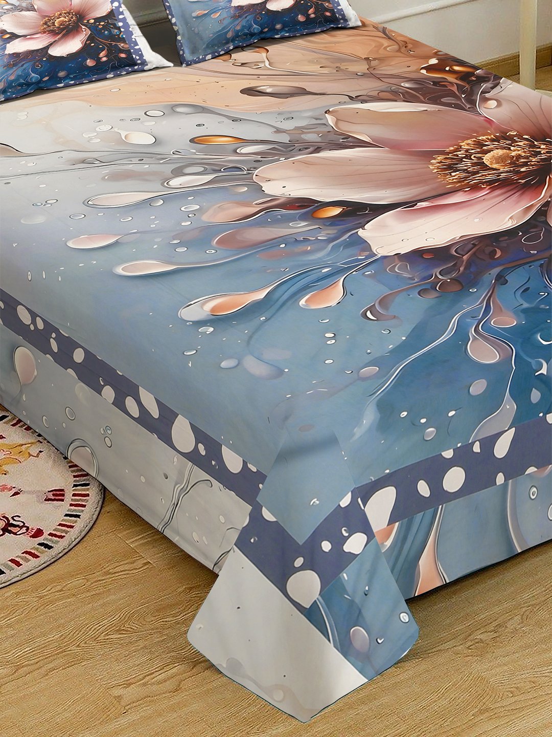 Blue Digital Floral Printed Cotton Blend Fitted Double Bedsheet with 2 Pillow Covers