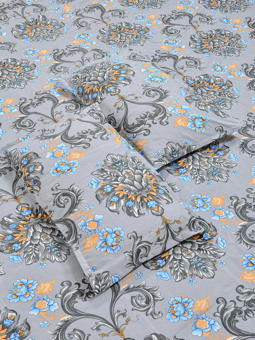 Grey Floral 300 TC Cotton Blend Fitted Double Bedsheet with 2 Pillow Covers